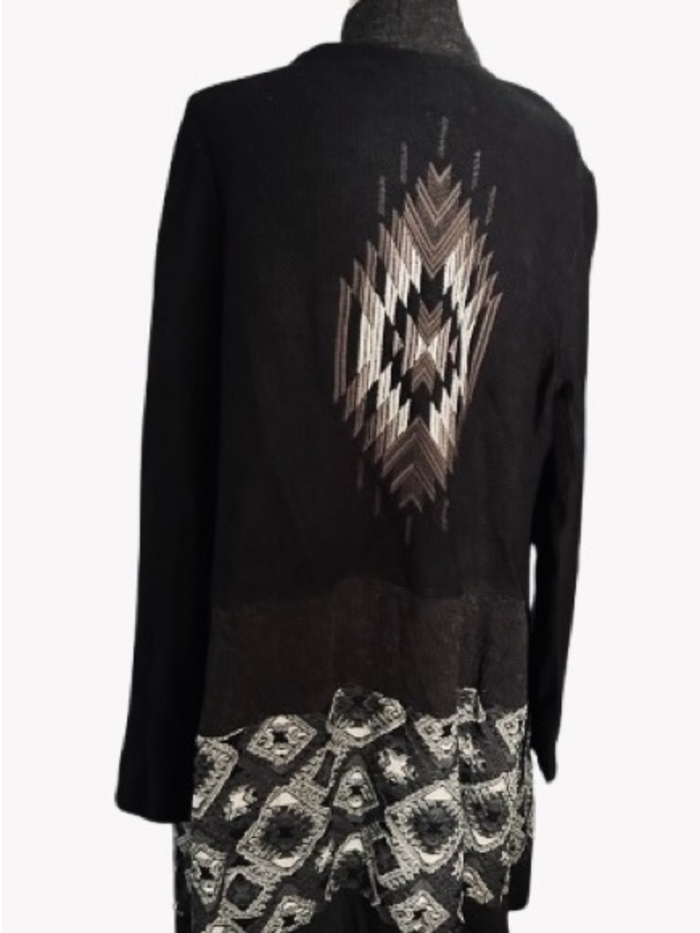 Large Southwestern Embroidered MISS ME Open Cardigan Sweater Aztec Knit Boho
